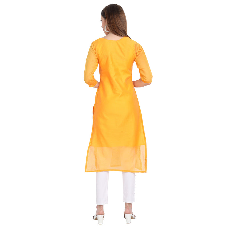 Chanderi Silk Material Yellow Colour Rubber Print Kurti Only