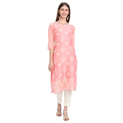 Chanderi Silk Material Pink Colour Rubber Print Kurti Only