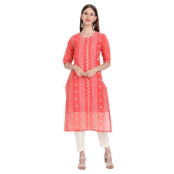 Chanderi Silk Material Peach Colour Rubber Print Kurti Only