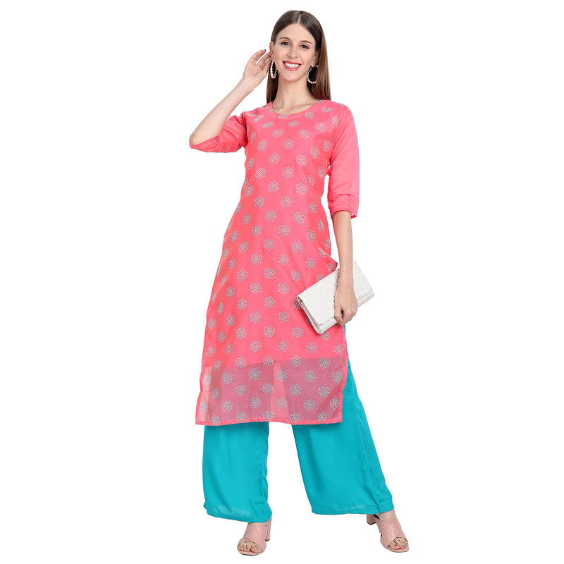 Chanderi Silk Material Pink Colour Rubber Printed Kurti Only