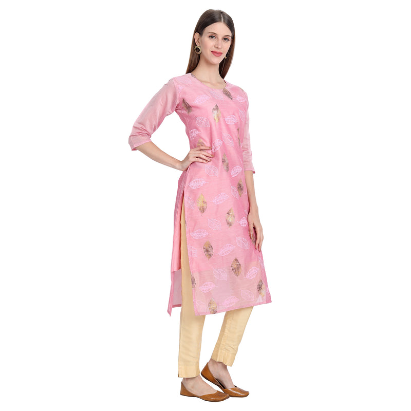 Chanderi Silk Material Pink Colour Rubber Print Stylish Kurti Only