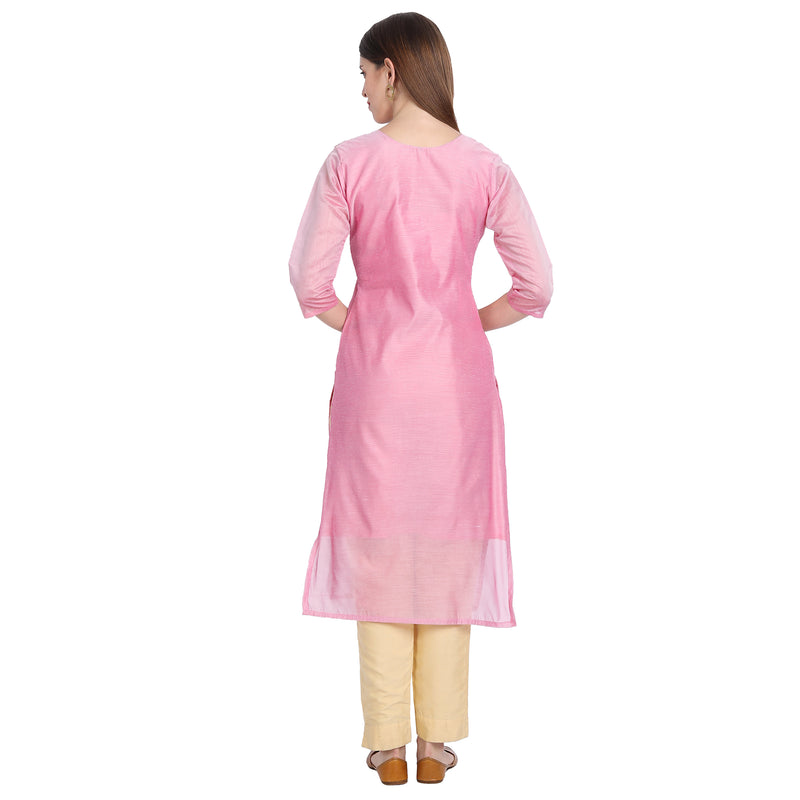 Chanderi Silk Material Pink Colour Rubber Print Stylish Kurti Only
