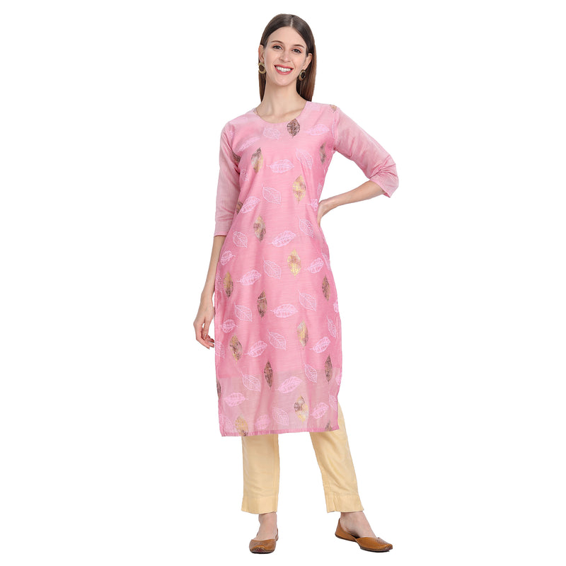 Chanderi Silk Material Pink Colour Rubber Print Stylish Kurti Only