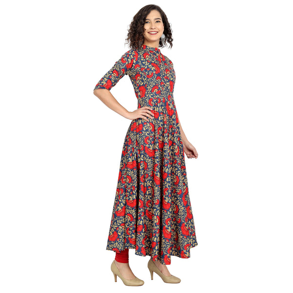 Crepe Material Blue&Red Colour Printed Anarkali Gown