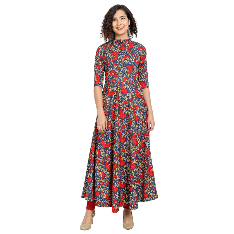 Crepe Material Blue&Red Colour Printed Anarkali Gown