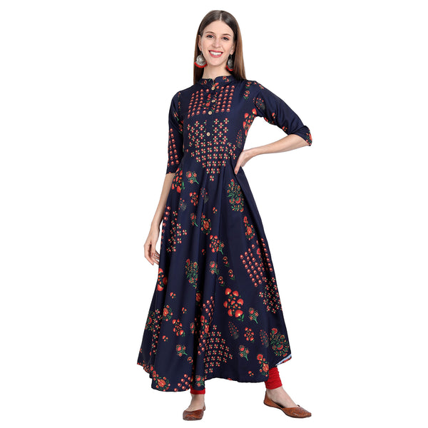 Crepe Material Blue Colour Printed Anarkali Gown