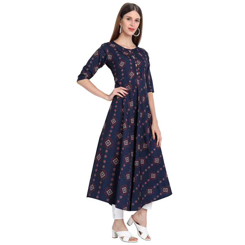 Crepe Material Dark Blue Colour Printed Anarkali Gown