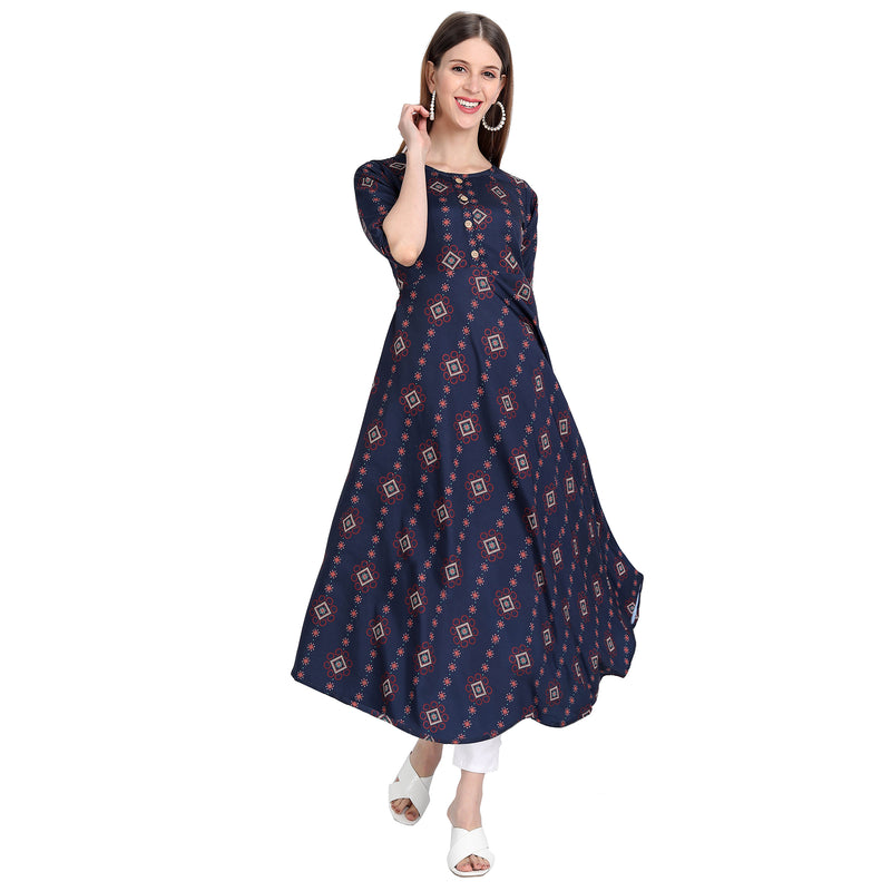 Crepe Material Dark Blue Colour Printed Anarkali Gown