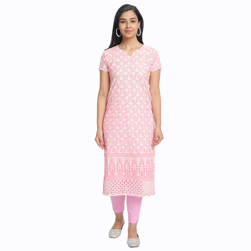 Ethnic Basket Cotton Pink Color Embroidered Kurti 530276