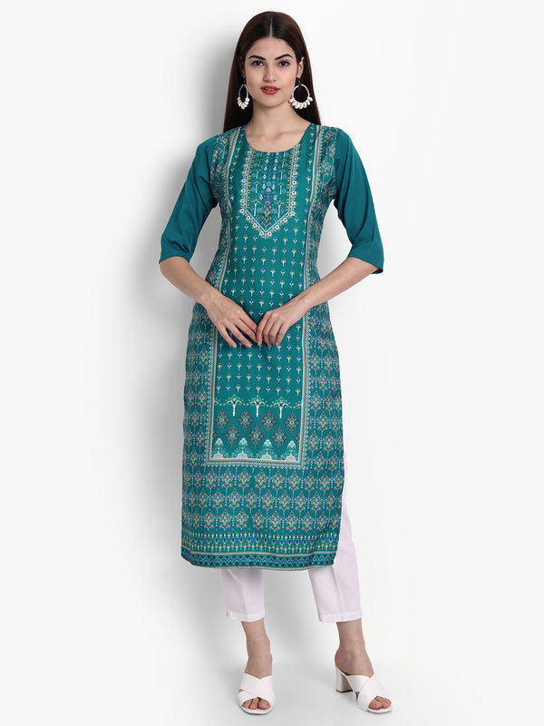 Crepe Turquoise Colour Digital Printed Straight Kurti Only 530302