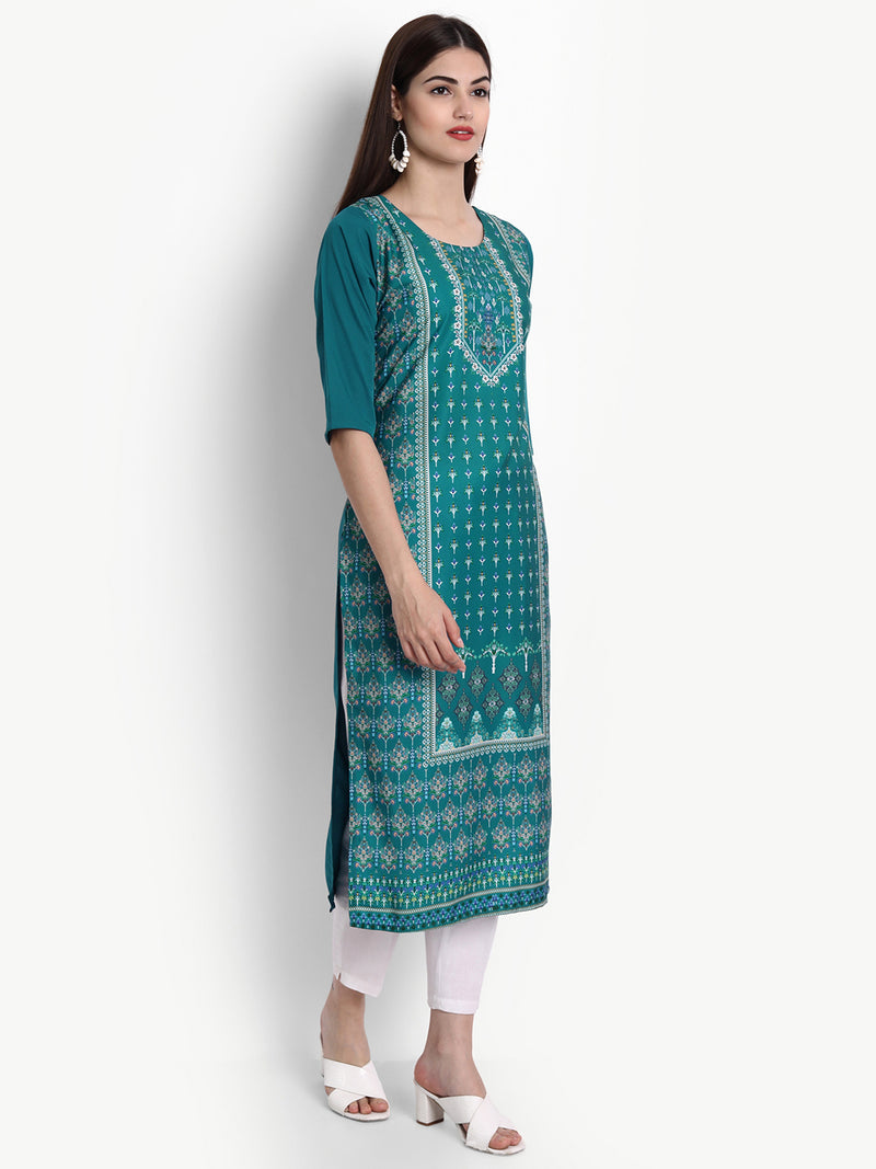 Crepe Turquoise Colour Digital Printed Straight Kurti Only 530302