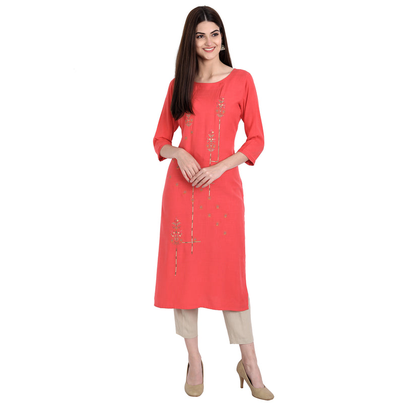 Women Rayon Peach Color Fancy Emboidered Kurta A501