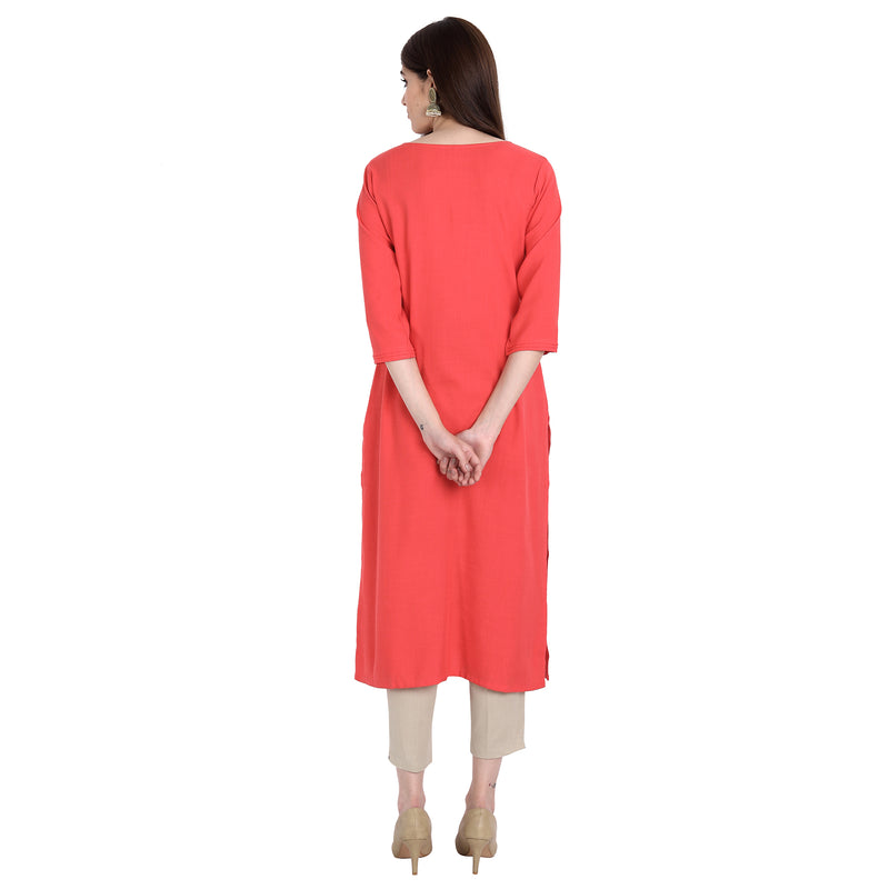 Women Rayon Peach Color Fancy Emboidered Kurta A501