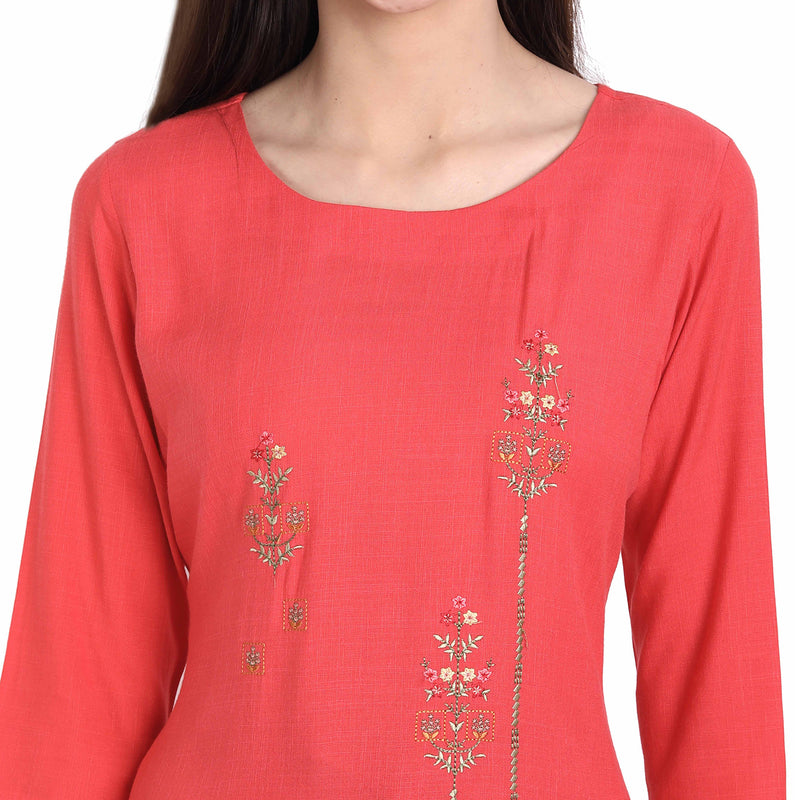 Women Rayon Peach Color Fancy Emboidered Kurta A501