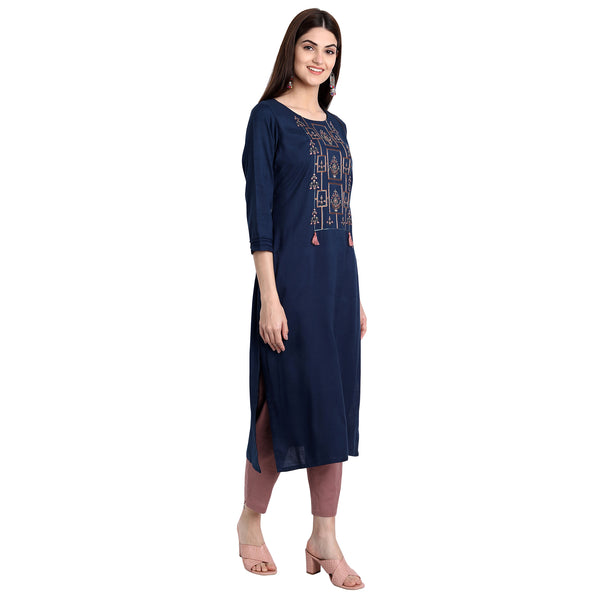 Women Rayon Navy Blue Color Fancy Emboidered Kurta A505