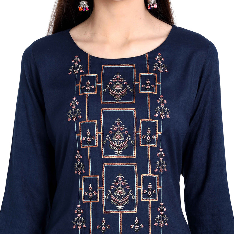 Women Rayon Navy Blue Color Fancy Emboidered Kurta A505