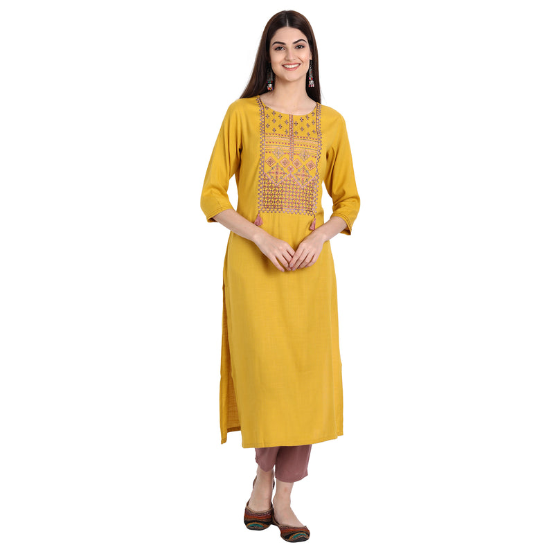 Women Rayon Yellow Color Fancy Emboidered Kurta A506