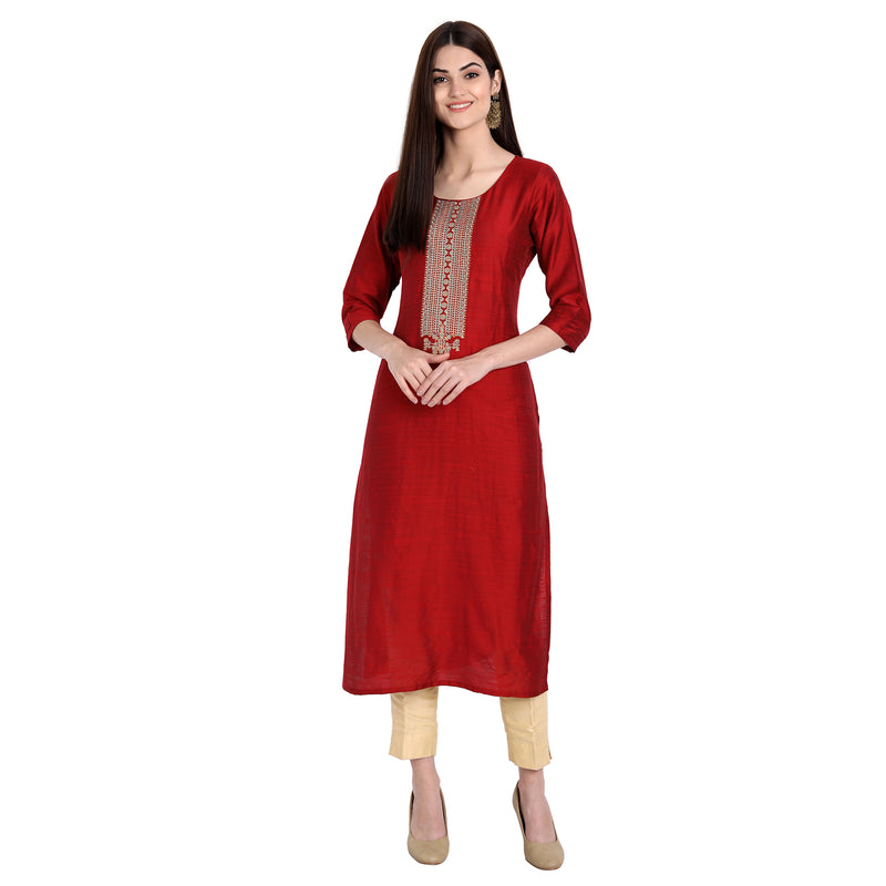 Women Blend Silk Red Color Fancy Emboidered Kurta A509