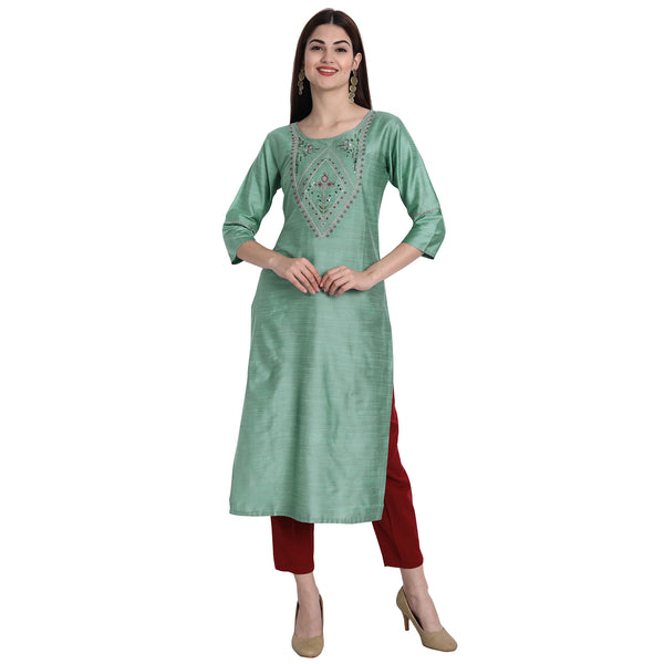 Women Blend Silk Pista Green Color Fancy Emboidered Kurta A512