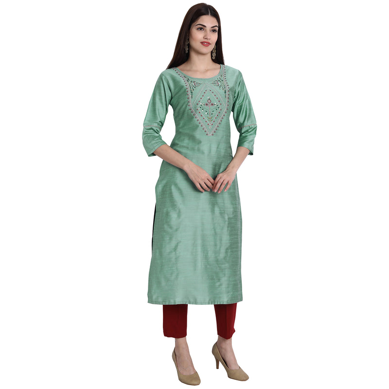 Women Blend Silk Pista Green Color Fancy Emboidered Kurta A512