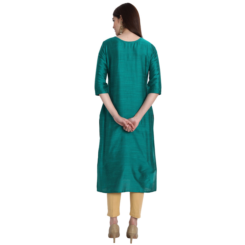 Women Blend Silk Turquoise Color Fancy Emboidered Kurta A513