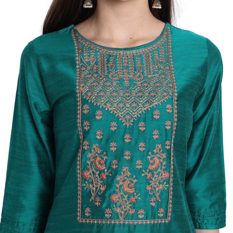 Women Blend Silk Turquoise Color Fancy Emboidered Kurta A513