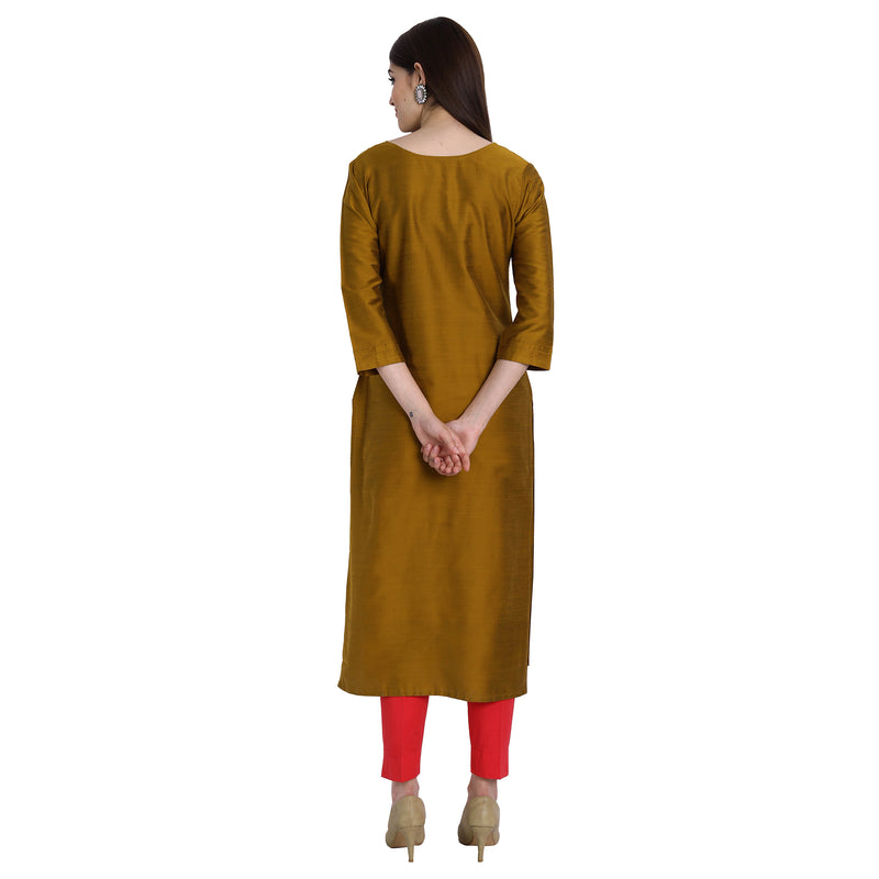 Women Blend Silk Yellow Gold Color Fancy Emboidered Kurta A517