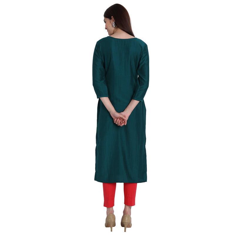 Women Chinon Turquoise Color Fancy Emboidered Kurta A518