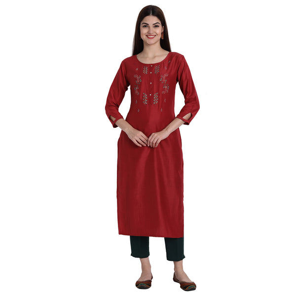 Women Chinon Red Color Fancy Emboidered Kurta A519