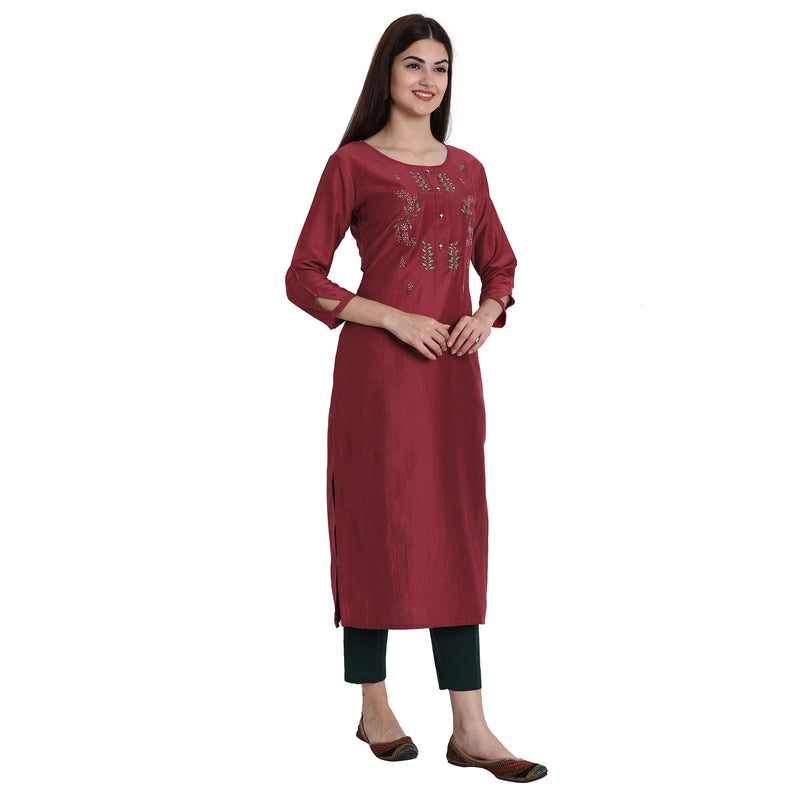 Women Chinon Red Color Fancy Emboidered Kurta A519