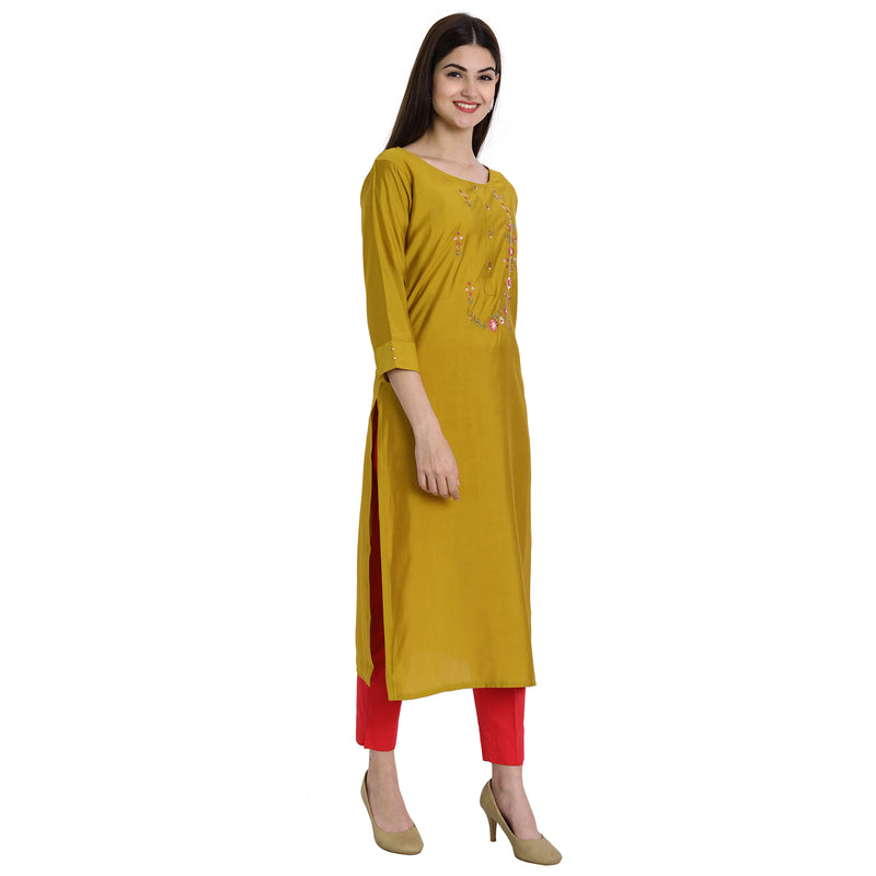 Women Chinon Yellow Color Fancy Emboidered Kurta A520