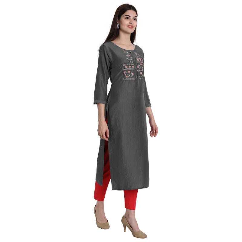 Women Chinon Grey Color Fancy Emboidered Kurta A522