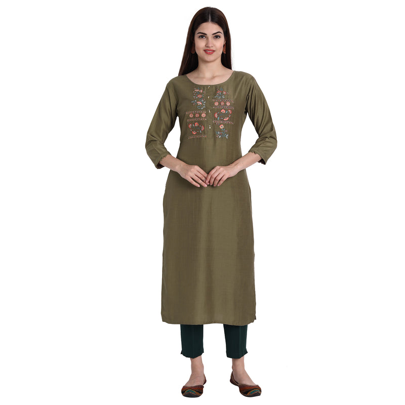 Women Chinon Light Brown Color Fancy Emboidered Kurta A523