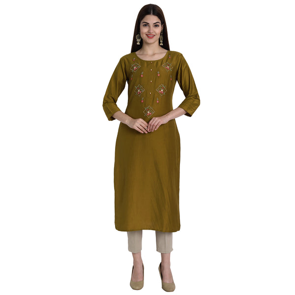 Women Chinon Yellow Gold Color Fancy Emboidered Kurta A525