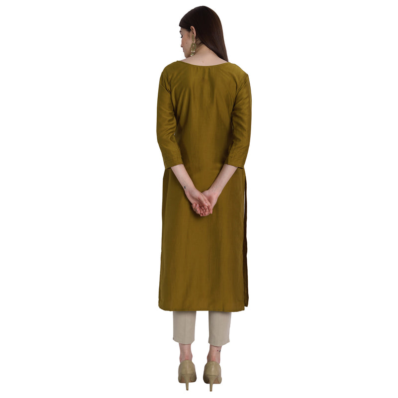 Women Chinon Yellow Gold Color Fancy Emboidered Kurta A525