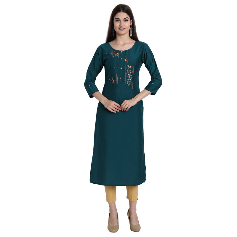 Women Chinon Turquoise Color Fancy Emboidered Kurta A526