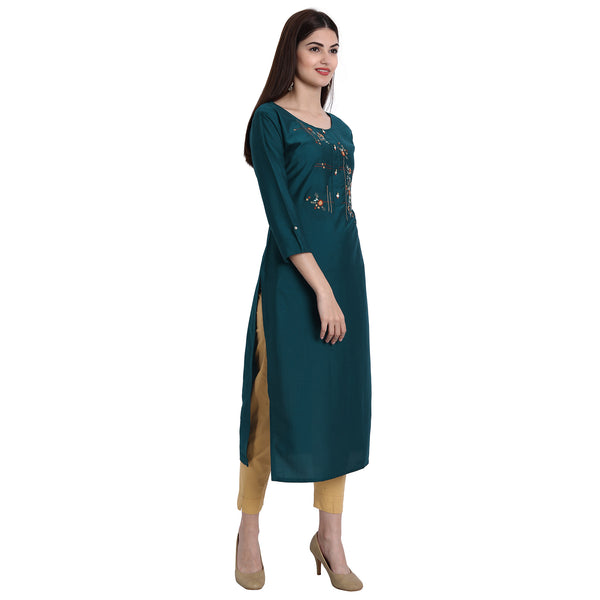 Women Chinon Turquoise Color Fancy Emboidered Kurta A526