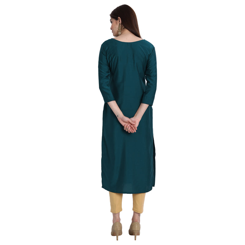 Women Chinon Turquoise Color Fancy Emboidered Kurta A526