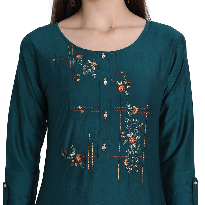 Women Chinon Turquoise Color Fancy Emboidered Kurta A526