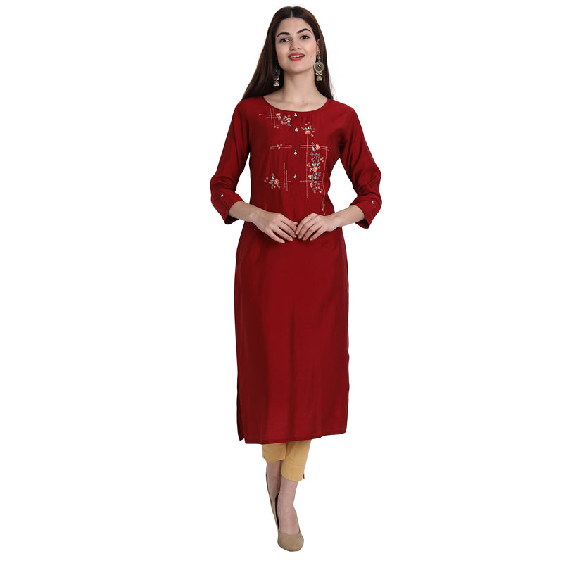 Women Chinon Red Color Fancy Emboidered Kurta A527