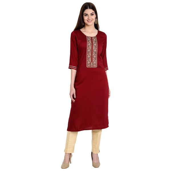 Women Chinon Red Color Fancy Emboidered Kurta A535