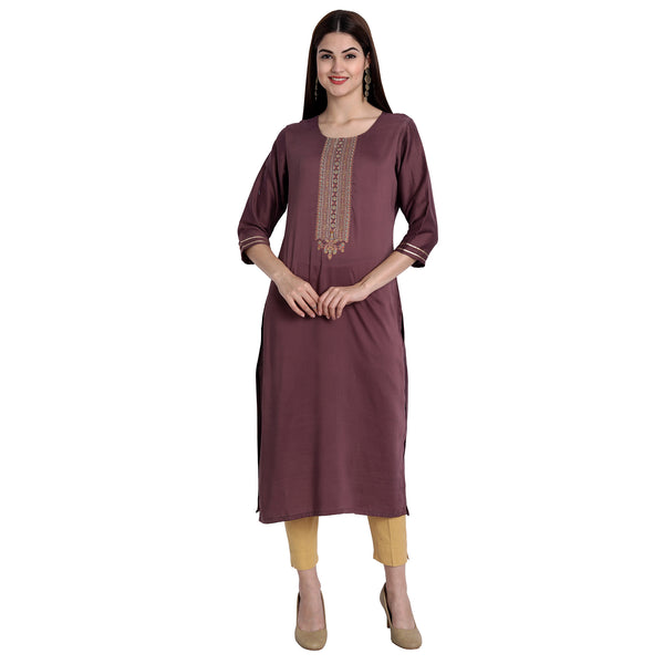 Women Chinon Wine Color Fancy Emboidered Kurta A537