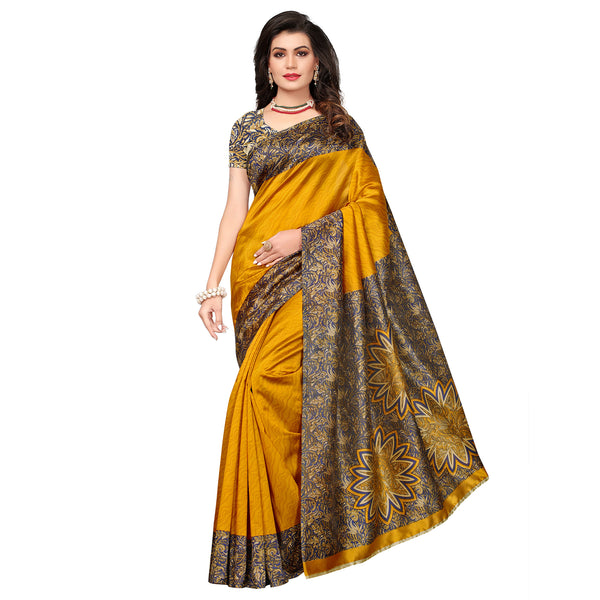 Ethnic Basket Women's Art Silk Mustred Color Floral Printed Saree With Blouse Piece-K193