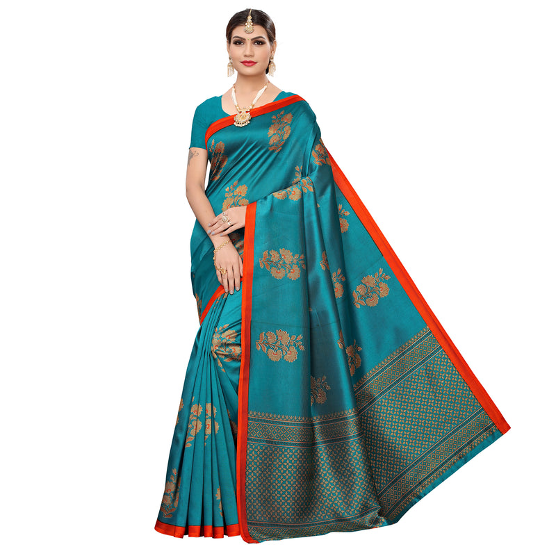Ethnic Basket Women's Art Silk Teal Color Floral Printed Saree With Blouse Piece-K196