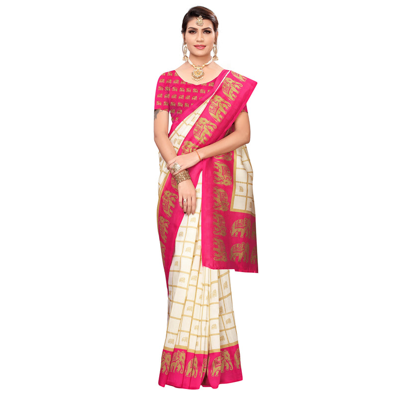 Ethnic Basket Women's Art Silk White & Pink Color Checkred Printed Saree With Blouse Piece-K198