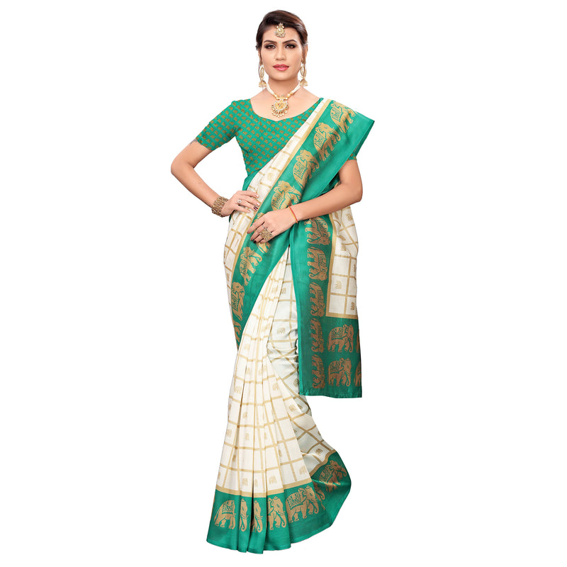 Ethnic Basket Women's Art Silk White & Green Color Checkred Printed Saree With Blouse Piece-K199