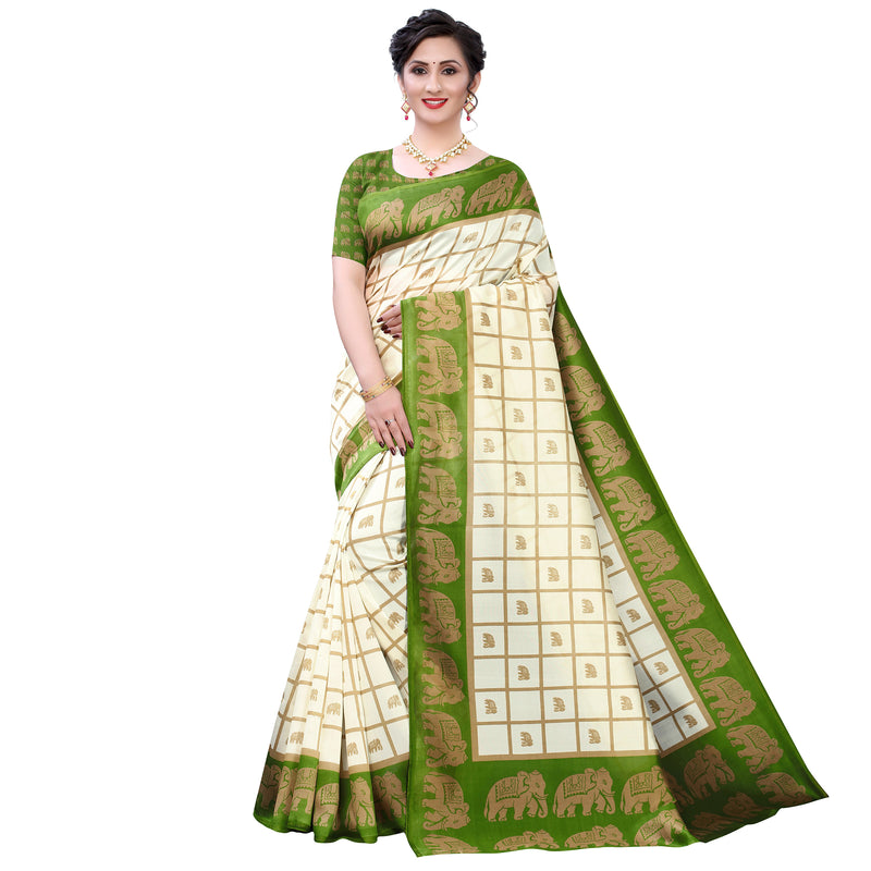 Ethnic Basket Women's Art Silk White & Green Color Checkred Printed Saree With Blouse Piece-K200