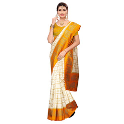 Ethnic Basket Women's Art Silk White & Yellow Color Checkred Printed Saree With Blouse Piece-K201