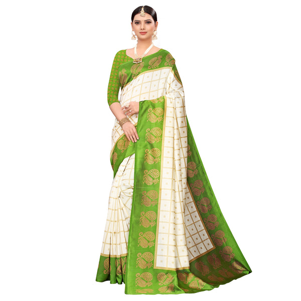 Ethnic Basket Women's Art Silk White & Green Color Checkred Printed Saree With Blouse Piece-K202