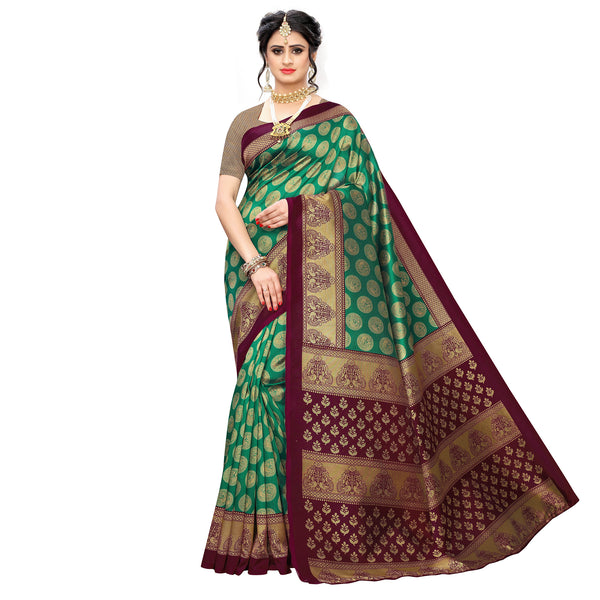 Ethnic Basket Women's Art Silk Green Color Floral Printed Saree With Blouse Piece-K210